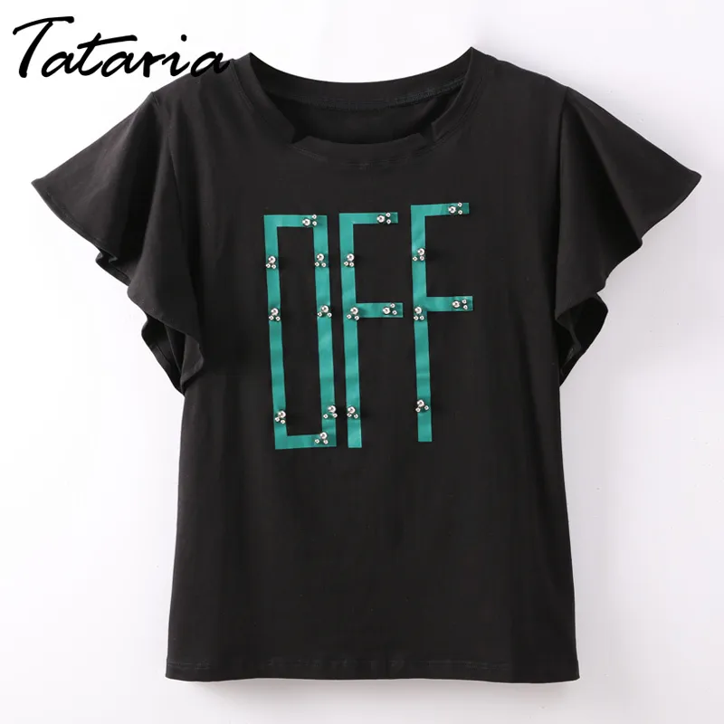 Tataria Tees Kvinnor Kläder Sommar Rolig Pearl Beading Casual Short Sleeves Ladies T-shirt Haut Femme O-Neck Female T Shirt 210514