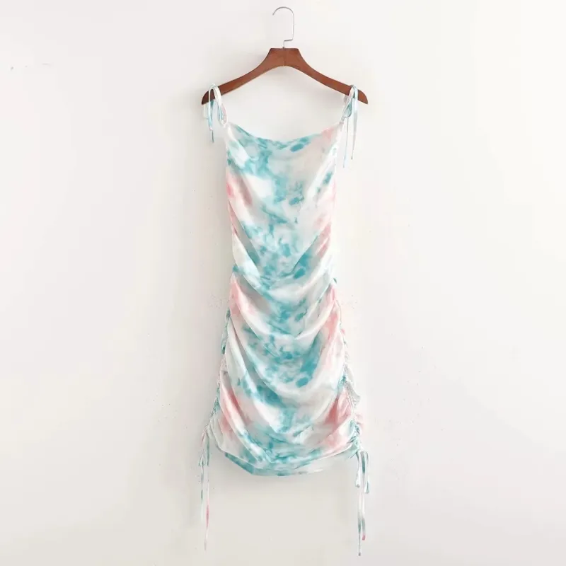 Été Femmes Tie Dye Impression Cordon Plissée Bretelle Mini Robe Femme Vêtements Casual Lady Lâche Robe D7751 210430