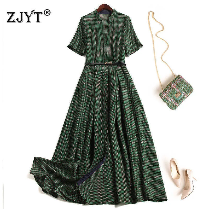 Fashion Short Sleeve Single Breasted Summer Midi Vintage Dress Women Elegant Plaid Print Robe Casual Holiday Green Vestidos 210601