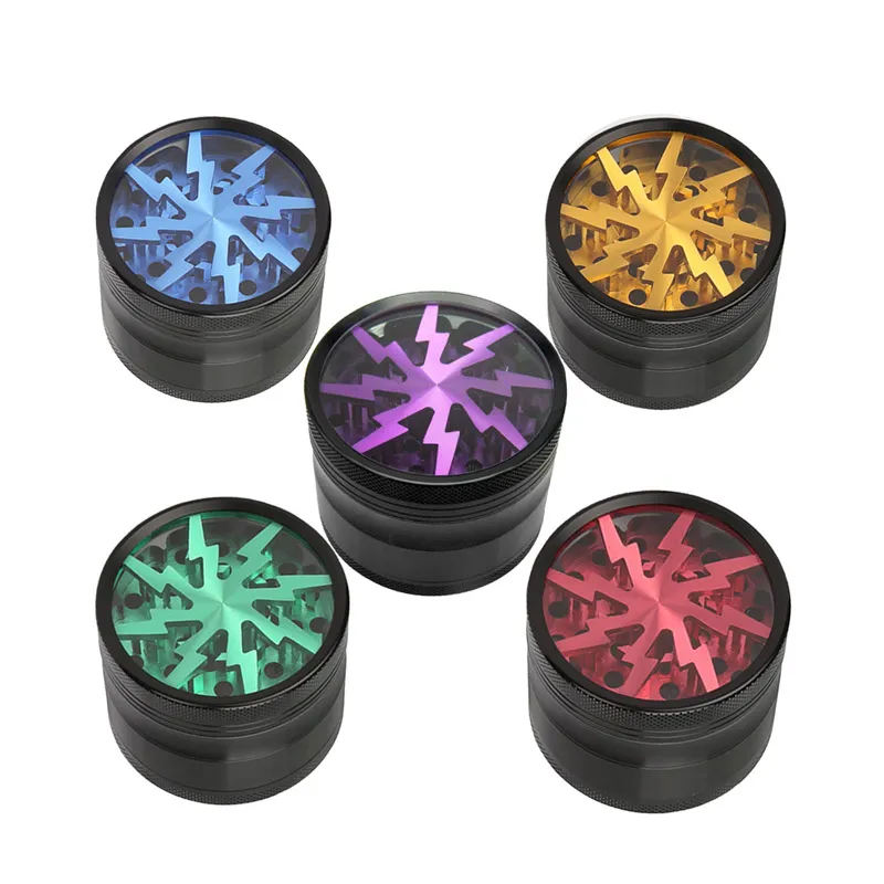 Smerigliatrici per erbe da fumo a quattro strati Materiale in lega di alluminio diametro 63 mm hanno 5 colori con smerigliatrice per illuminazione con finestra superiore trasparente