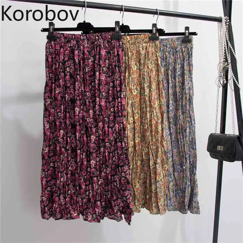 Korobov Retro Vita alta Stampa anca Gonna in chiffon Donna Elegante Estate Nuova piega Design Slim Jupe Femme Holiday Beach Faldas 210430