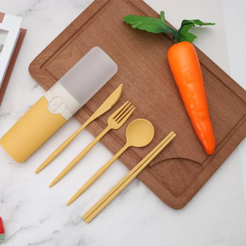 Wheat Straw Portable Tableware Dinnerware Sets Knife Fork Spoon Chopsticks Set Storage Box Four-Piece Student Gift GH0029