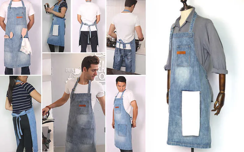 WEEYI Washable Shop Denim Apron with 3 Pockets Unisex Fits Small to XXL Vintage Blue Homewear Workwear 34x27 Inches (11)