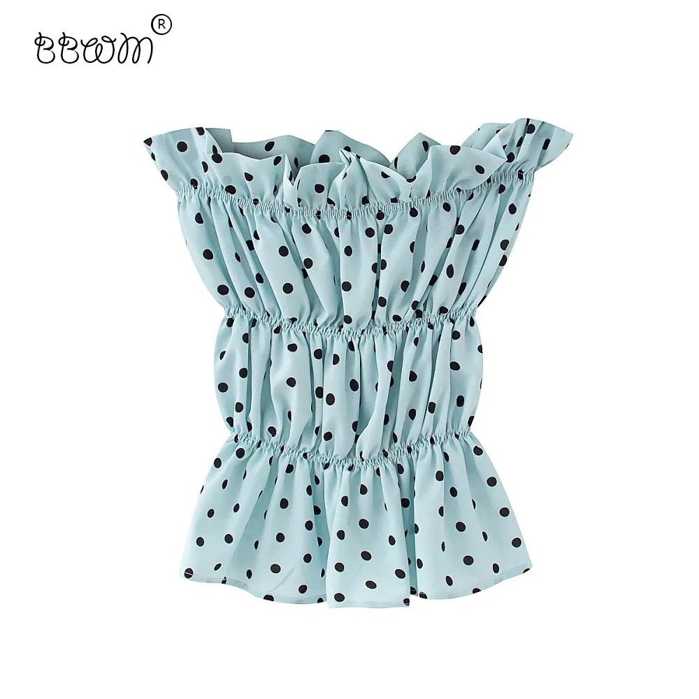 Frauen Chic Mode Polka Dot Plissee Cropped Blusen Vintage Sexy Slash Neck Ärmellose Elastische Shirts Weibliche Chic Tops 210520