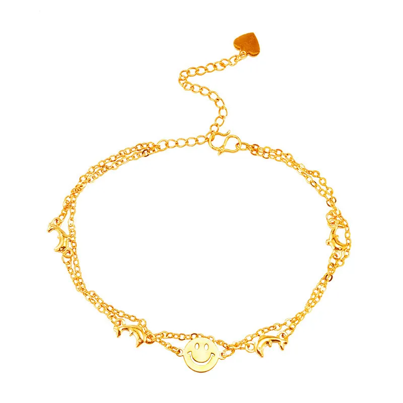 Beach Leg 24K Gold Mehrschichtige Armbänder für Frauen Charm Perlen blumenförmiger Anhänger Delphin Kette Fußkettchen Femme Mädchen Geschenke