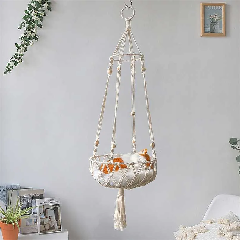 Large Macrame Cat Hammock,Macrame Hanging Swing Dog Bed Basket Home Pet Accessories 's House Puppy Gift 211006