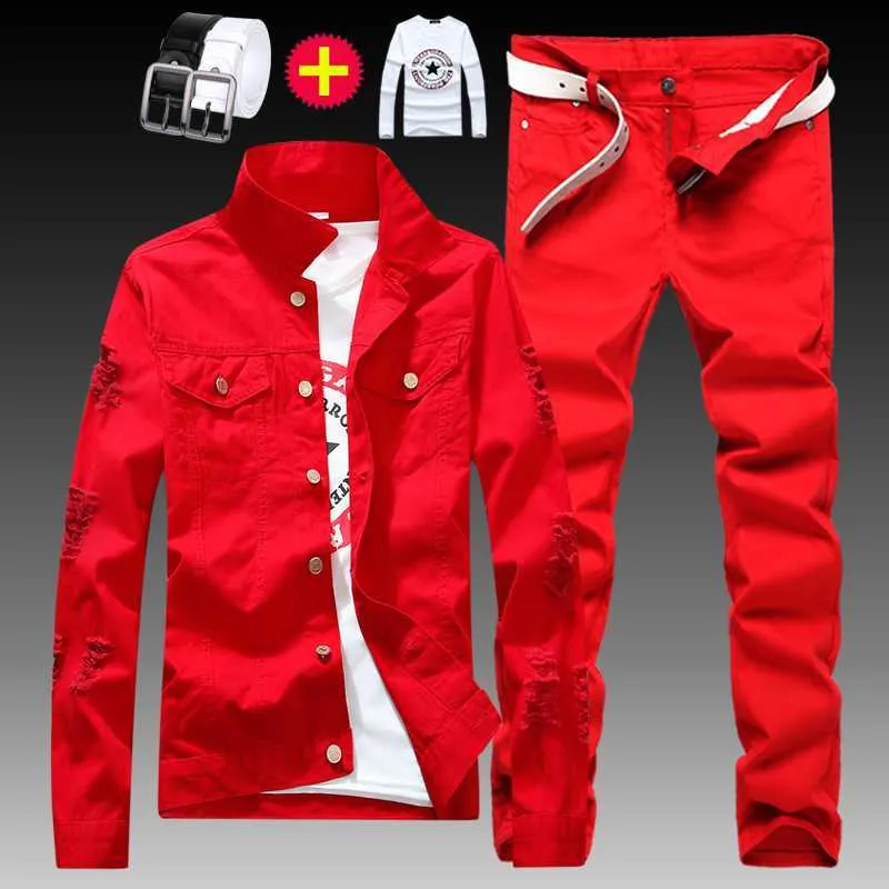 2024 Ragazzi Nuovi Pantaloni da giacca da uomo 2 pezzi Set Fori Denim Cappotto Jeans Pantaloni Casual Hsome Maschio Autunno Indossare Taglia S-XXL Q X0909 Sport Hot