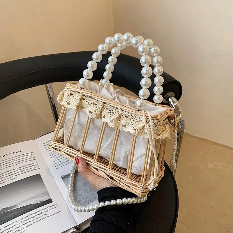 Evening Bags Straw Bag Women Summer 2021 Chain Pearl Purse Top-handle Woven Basket Handbag Casual Shoulder Crossbody With Silk Scarves