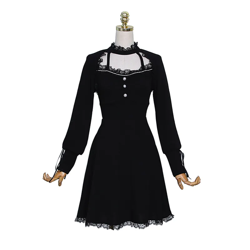 Czarny Koronkowy Ruffle Dress Button Z Długim Rękawem Linia Elegancka Mini Kobiety Wiosna Lato D3086 210514