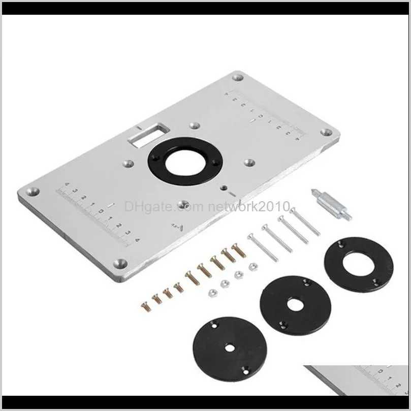  1 set multifunctional aluminum router table plate w/ 4 router insert rings screws for woodworking benches