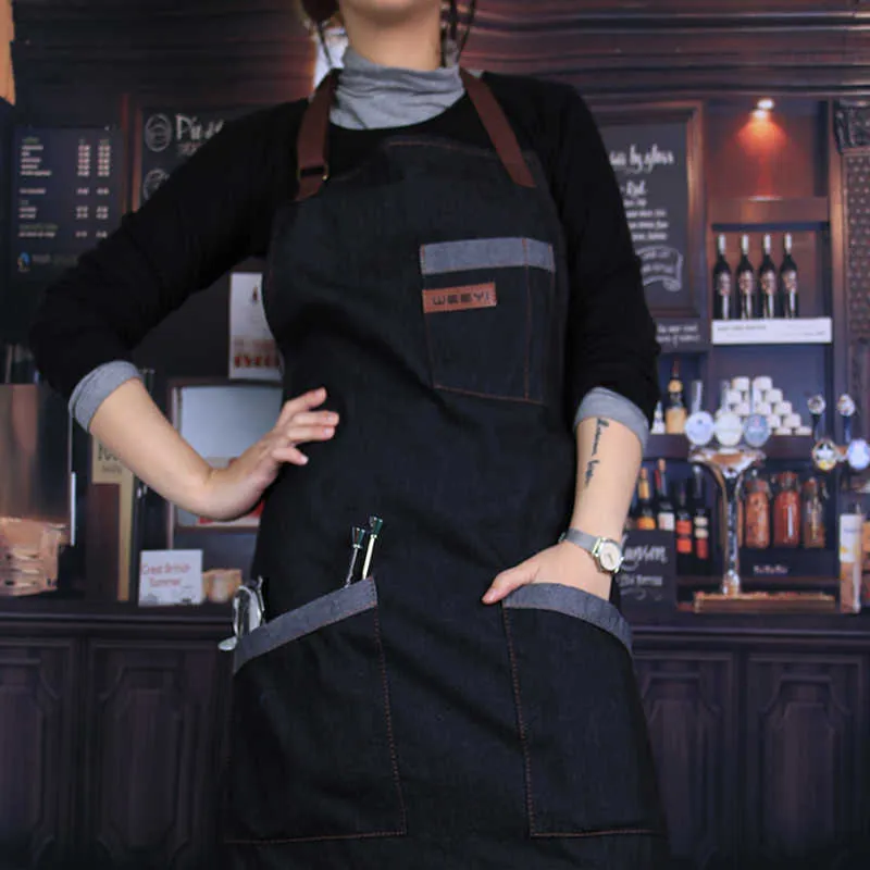 WEEYI Grembiule Da Cucina Uomo Donna Unisex Nero Lavoro Denim Chef  Ristorante Cooking S Barista Cameriere Cafe Shop BBQ 210623 Da 18,51 €