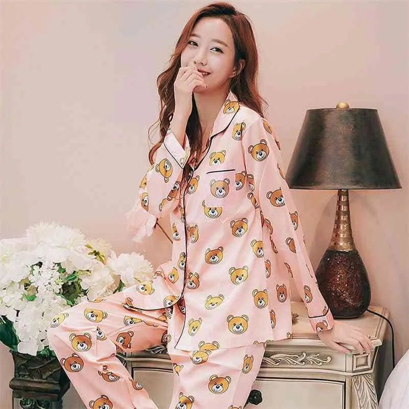 Autumn vlek zijden pyjama slaapkleding vrouwen sexy zachte gezellige satijn nachthemd sets geprinte slaap vol mouw 5xl 210330