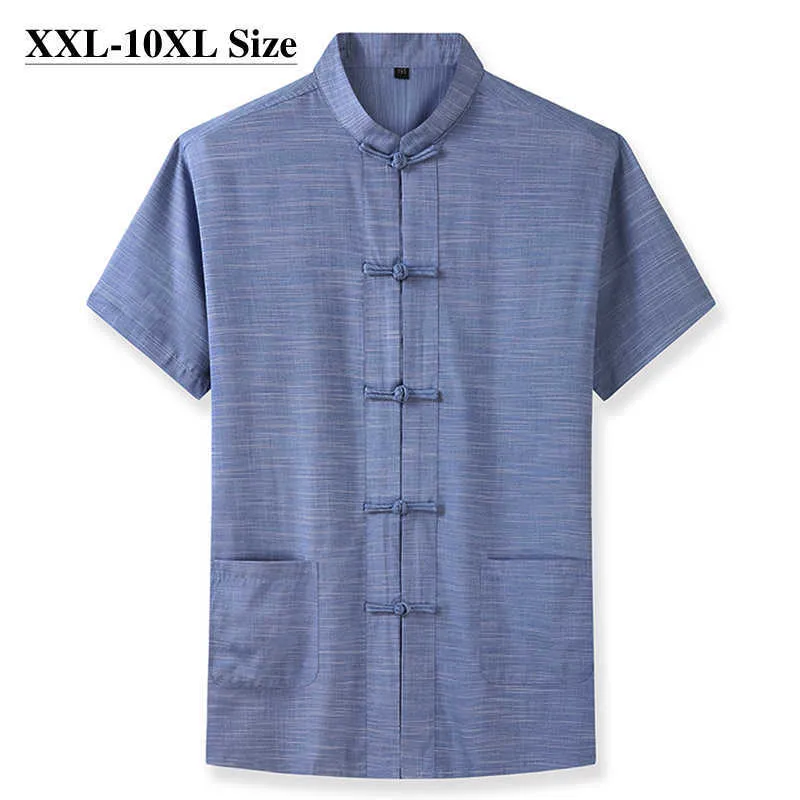 Plus Size 7XL 8XL 9XL 10XL Heren Korte Mouw Shirt Chinese Stijl Tang Pak Losse Casual Traditionele Kung Fu Uniform Male 210628