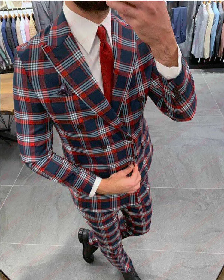 2020 Red Suit Men British Stylish Double Breasted Men's Suit Slim Fit Tailor-made Plaid Stage Performance Wedding Dress Tuxedos X0909