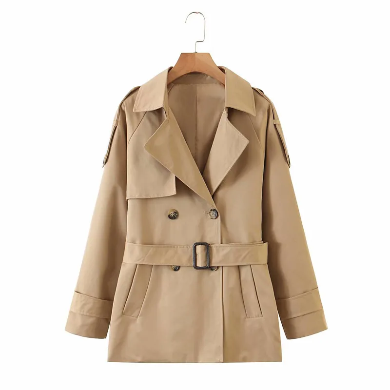 women fashion classic style autumn khaki short jackets outwear stylish lady long sleeve double breasted loose coat jacket 210421