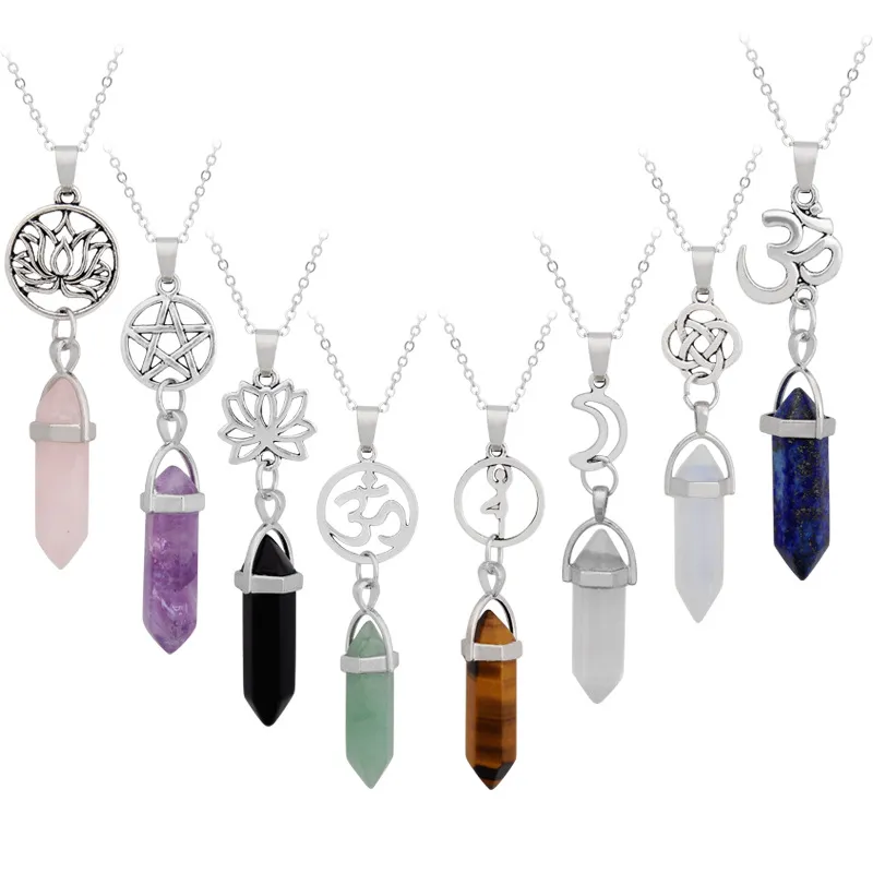 Piedra Natural Reiki curación Luna flor Hexagonal bala ópalo amatistas cuarzo rosa cristal Chakra péndulo collar