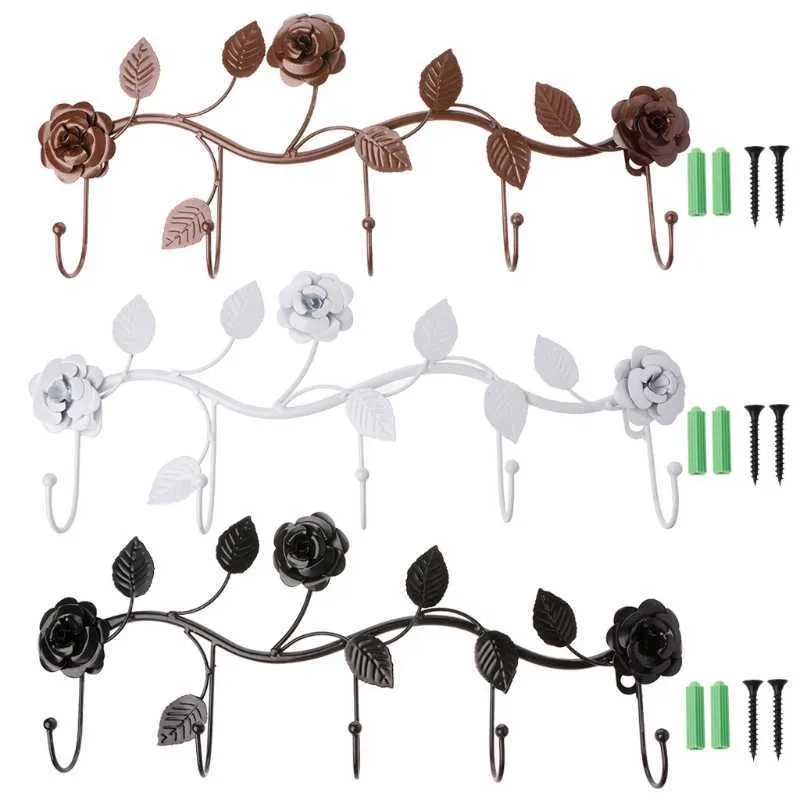 Vintage Iron Rose Leaves Hook Coat Hat Bag Hanger Organizer Holder Wall Decor # 0308 # Drop 210609