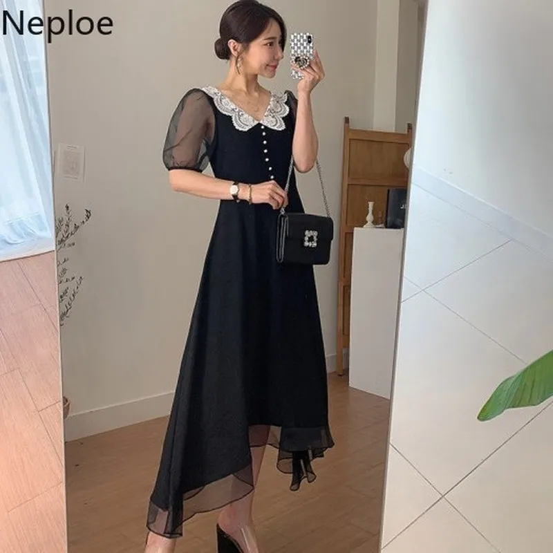 Neploe Korean Woman Dress Chic Elegant Robe Women's Clothing Lace Gauze Patchwork Maxi Dresses Lace Up Temperament Vestidos 210422
