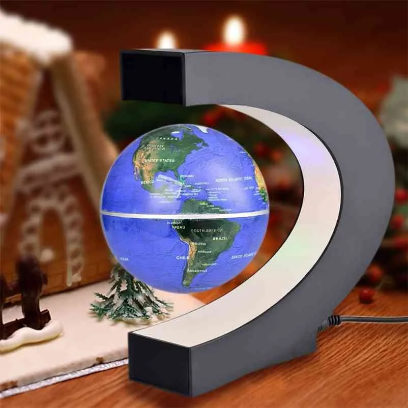 C字形LED世界地図フローティンググローブ抗頭硬膜弾丸ライト磁気浮上ライトクリスマス誕生日家の装飾210811