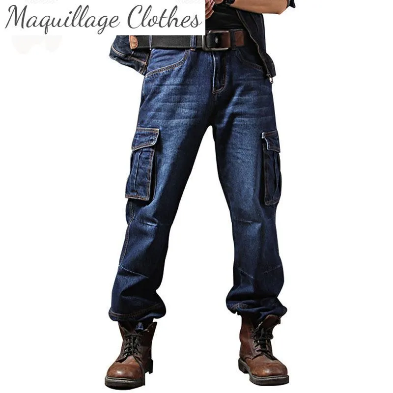 Pantaloni jeans larghi casual da uomo multitasche abbigliamento da lavoro pantaloni cargo in denim da motociclista tattico per uomo