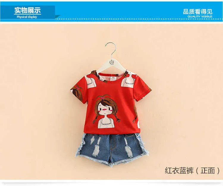 Girls Clothing Set O-neck Sleeveless Summer 2-10 Years Kids Girl Red Cartoon T Shirt+Denim Jeans Shorts 2 Pcs Suit Set (7)