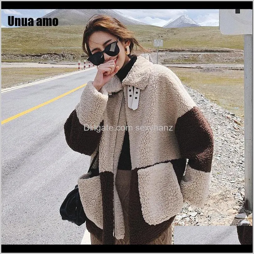 unua amo winter lambswool jacket female warm loose casual fashion hit color spliced high quality faux fur coat women le00271a