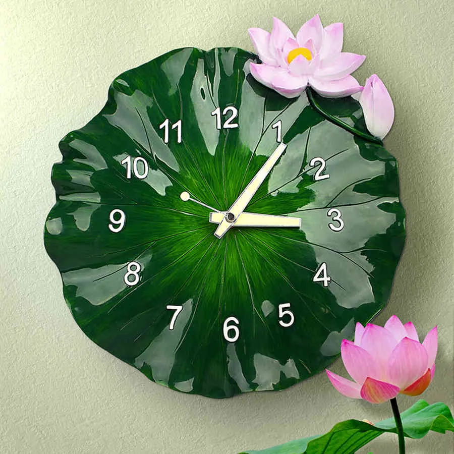 Stor 3D Creative Art Green Lotus Modern Design Silent Pastoral Kök Klocka Wanduhr Väggklockor Heminredning 210414