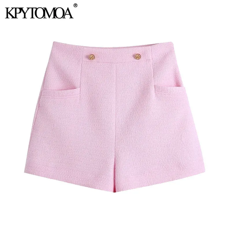 Women Fashion With Metal Buttons Tweed Bermuda Shorts Vintage High Waist Back Zipper Female Short Pants Mujer 210416