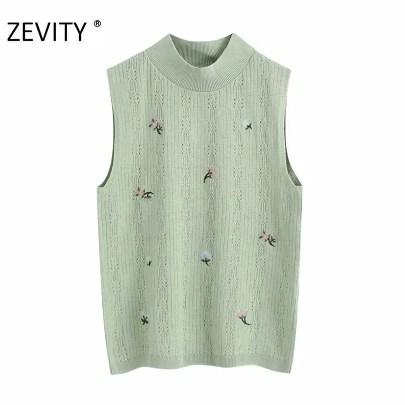 Kobiety Moda Stojak Kołnierz Kwiat Haft Dzianiny Bluzyki Damska Kamizelka Bez Rękawów Slim Koszula Chic Blusas Topy LS7093 210420