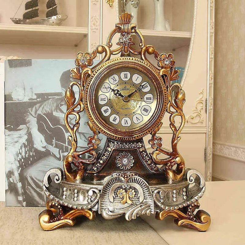 Retro Tabela Relógio Europeu Estilo Mesa Relógio Sala de Living Sala Muda Mesa Criativa Ornamentos Decorativos Quartz Clock 211112