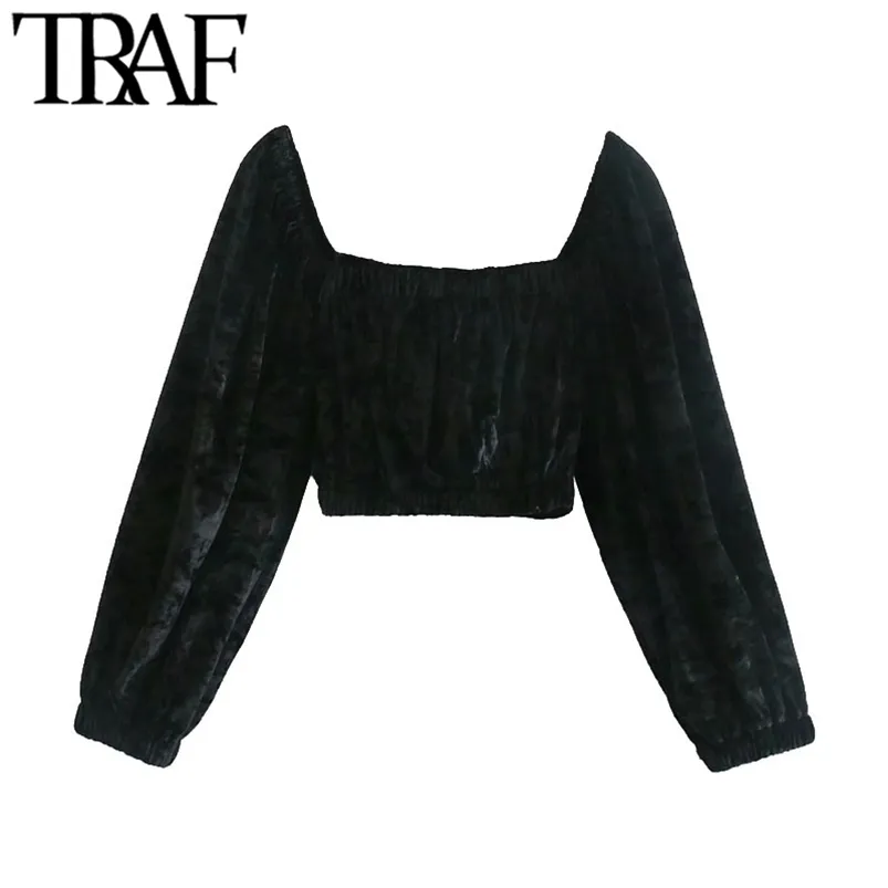 Women Fashion Elastic Trims Velvet Cropped Blouses Vintage Square Collar Lantern Sleeve Female Shirts Chic Tops 210507