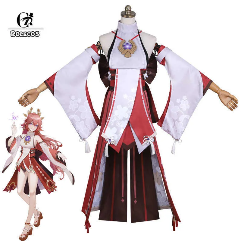ROLECOS Game Genshin Impact Yae Cosplay Costume Yae Guuji Cosplay Costume Sexy Women Dress Outfits Halloween Necklace Full Set Y0903