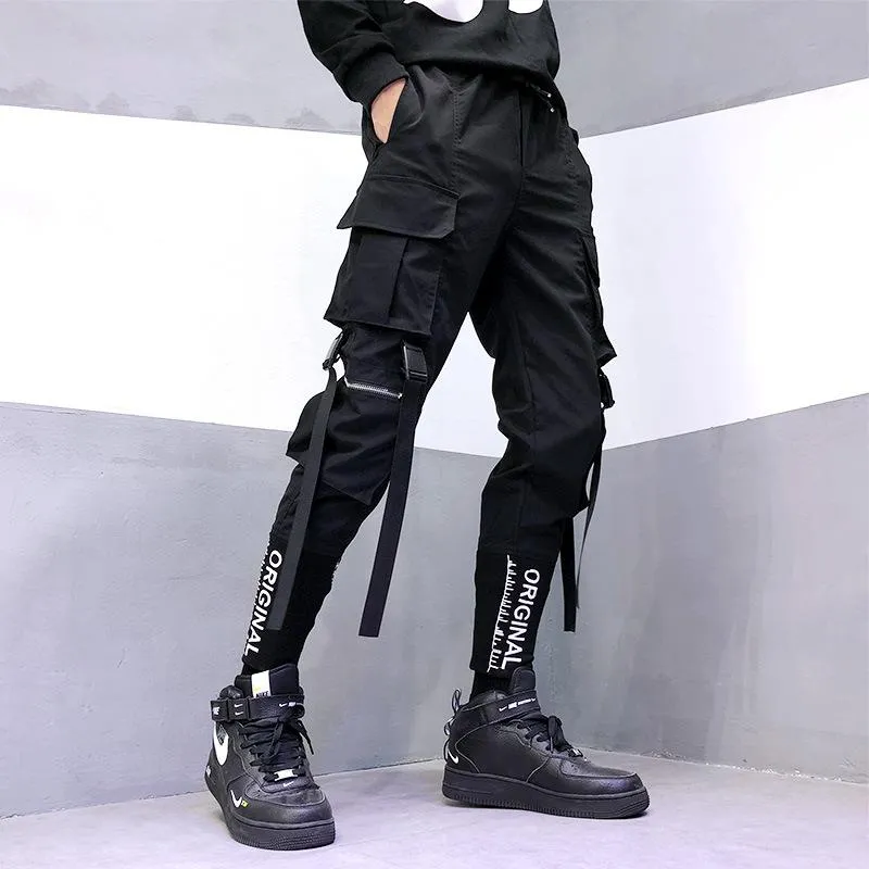Мужская заряда хип-хоп Multi Pocket Jogging Black Street брюки модный пояс