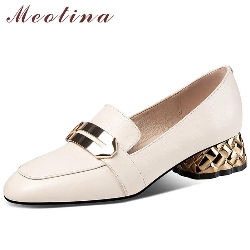 Loafers Shoes Women Genuine Leather Med Heels Thick Heel Pumps Metal Decoration Round Toe Female Footwear Beige Size 42 210517