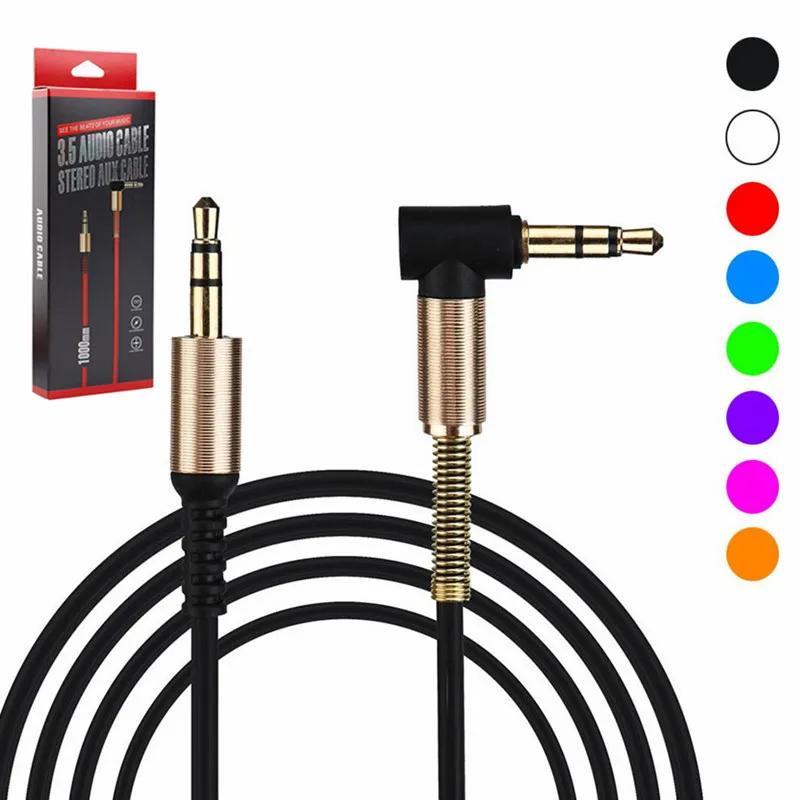 con confezione scatola cavi audio ausiliari universali da 90 gradi da 3,5 mm Cavo AUX sottile e morbido per altoparlanti iphone Cuffie Mp3 4 PC Home Car Stereo