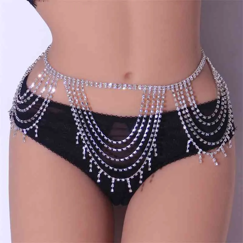 Sexig kristall tofsels kedja för kvinnor bikinis rhinestone magen mode bling kropp smycken midja kedjor hel kjol