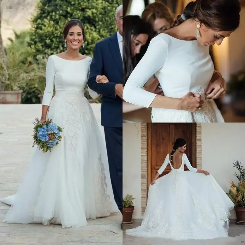 2022 robe de mariée sans dos robe de mariée avec manches 3/4 de longues manches d'une ligne de dentelle applique train train Satin sur mesure fabriqué sur couteal Tulle Plus Taille Vestido de Novia