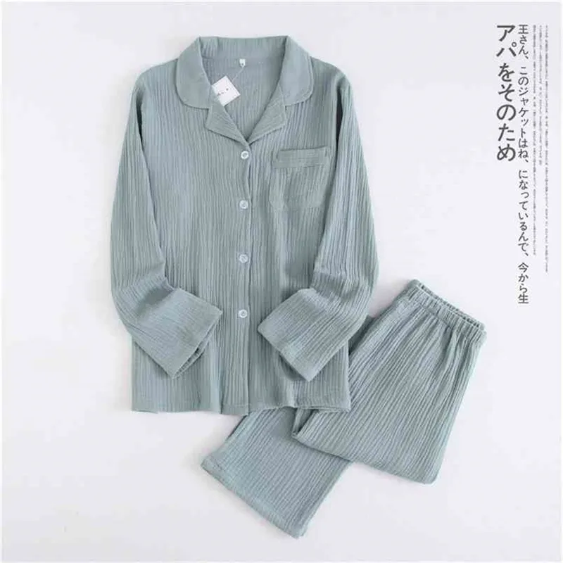 Algodão japonês Crepe homens de manga comprida + calças pijamas primavera e outono fino casal casa serviço caseiro terno senhoras 210809