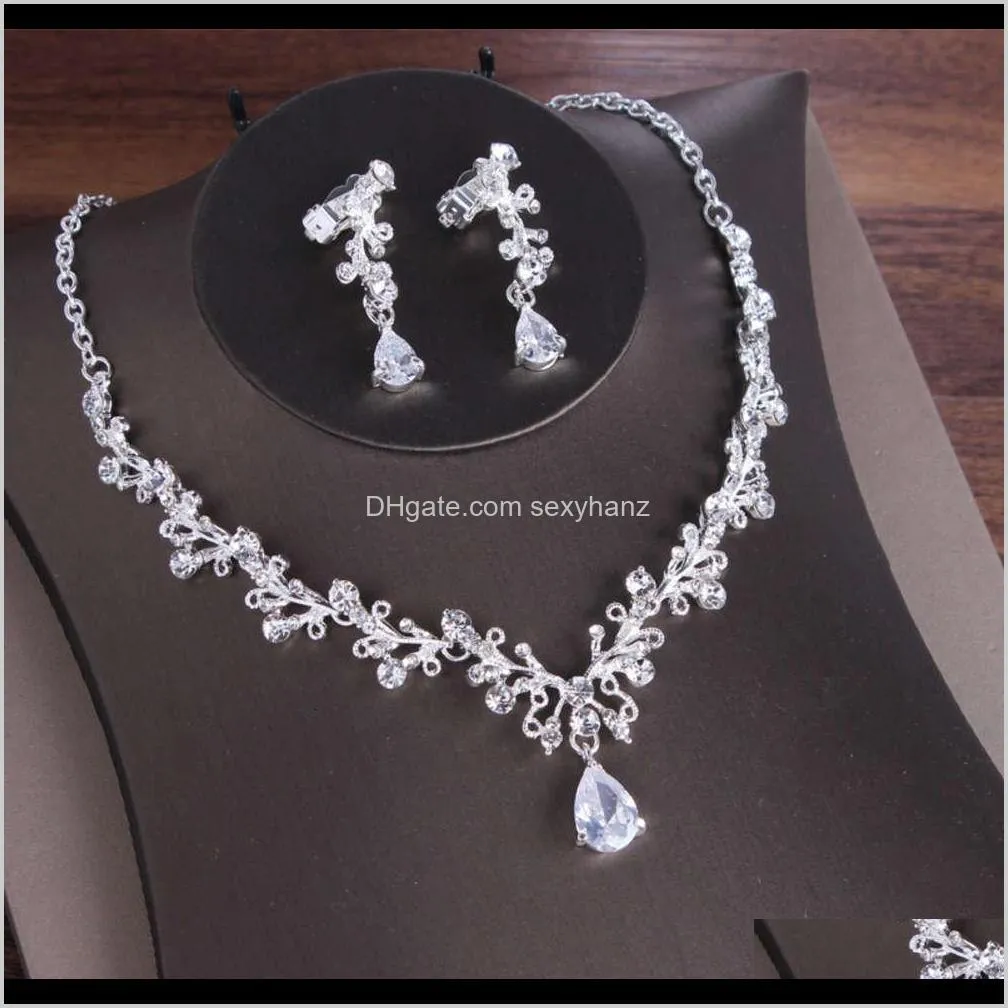 pendant korean necklace earring set zircon stud alloy chain bridal two piece wedding dress accessories