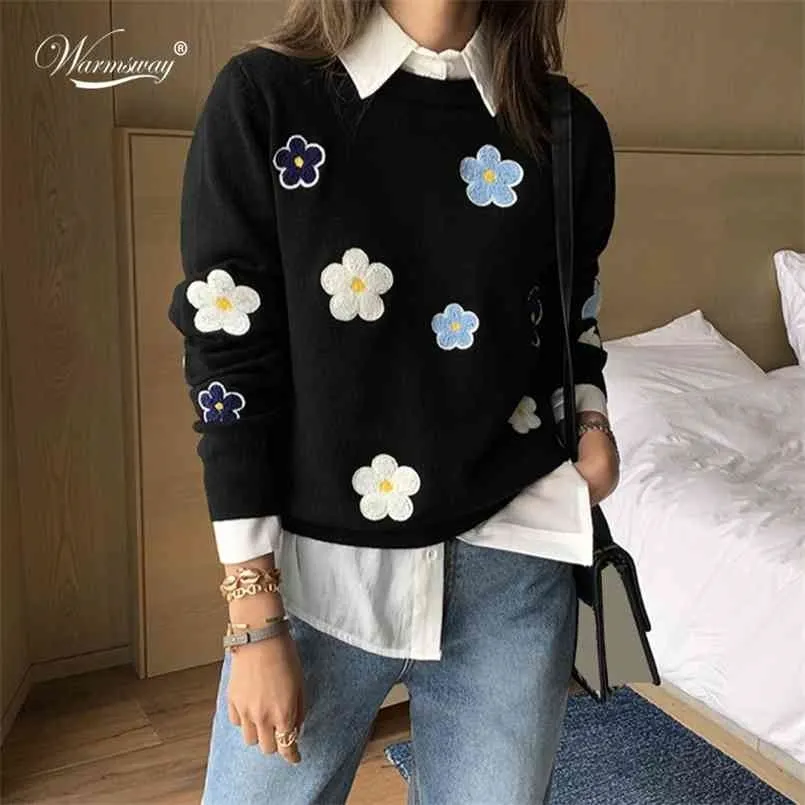 Korean Floral Emobroidery Pullover Sweater High Quality Women Elegant O Neck Knitted Tops C-089 210917