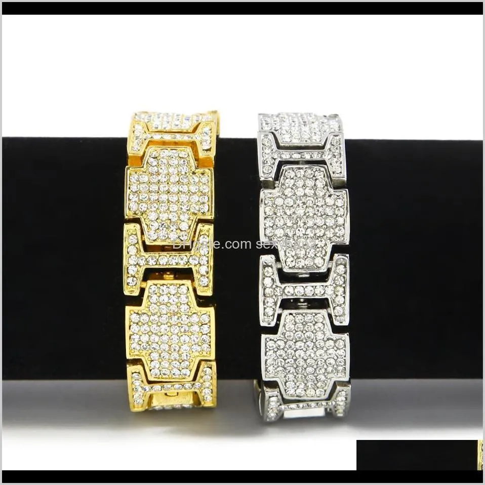 men hip hop gold bracelet fashion punk jewelry iced out bling rhinestone crystal zinc alloy silver bangle bracelets 20cm