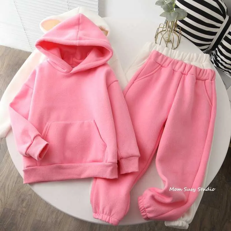 Conjunto de roupas de algodão para bebês, mamãe susy, menino, menina, moletom com capuz + corrida, 2 peças, forro de lã quente, conjunto esportivo infantil, inverno, primavera e outono