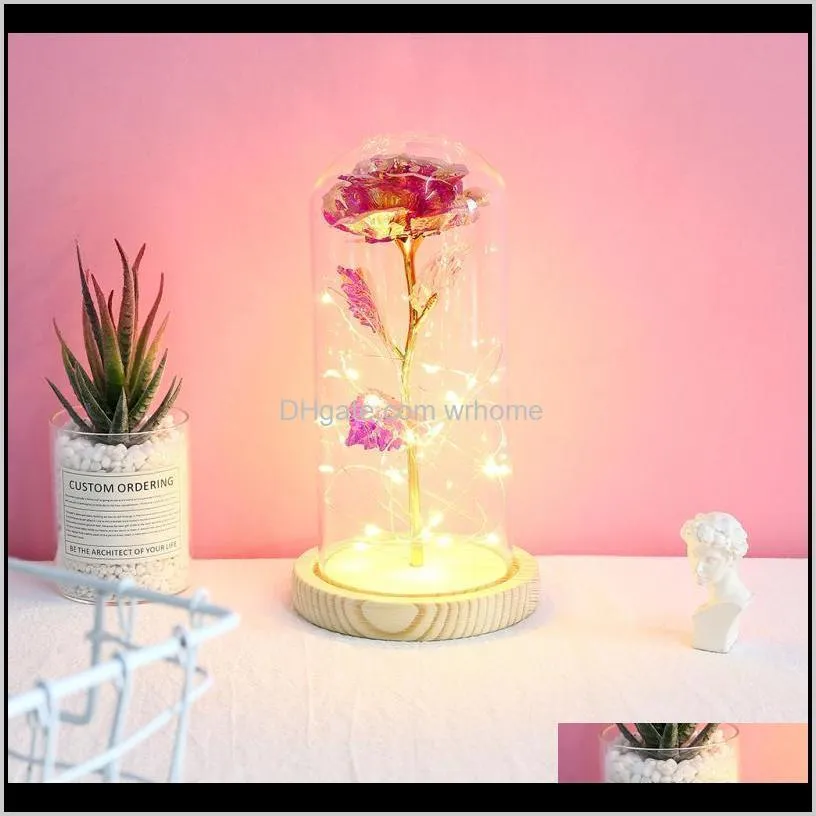 Romantic Eternal Light Rose Flower Glass Cover Decoration Artificial Flowers Glass In Cover For Valentine`s Day Gift Decoration