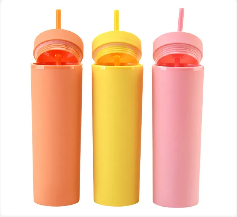 ! 16oz Acrylic Skinny Tumblers Matte Colored Acrylic Tumblers with Lids and Corlorful Straws Double Wall Plastic Tumblers With FREE Straw Reusable Cup