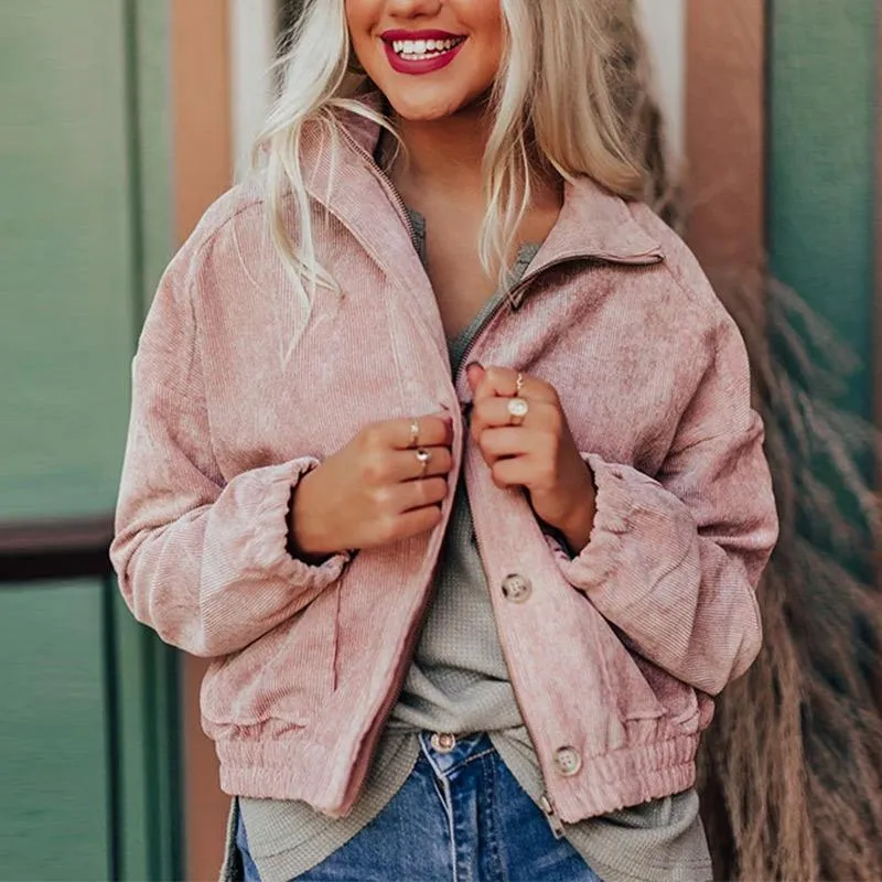 Women's Jackets Pink Corduroy Short Coats 2021 Autumn Winter Casual Turn-down Collar Zipper Buttons Female Streetwear Style Coat