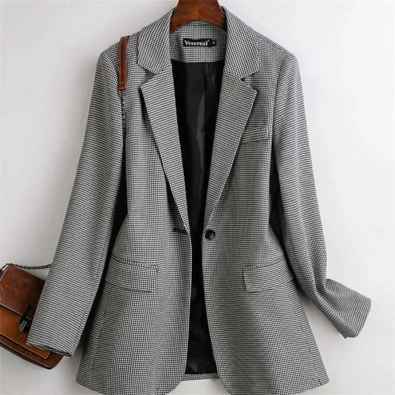 PEONFLY Vintage Double boutonnage bureau dames Plaid Blazer ample bouton unique manteau veste femmes Blazers femme grande taille 211006