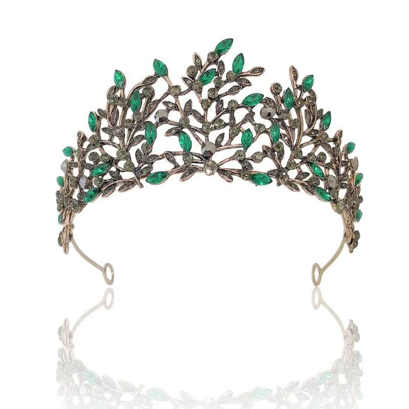 Pinces à cheveux Barrettes Baroque Vintage Noir Vert Cristal Couronne Diadèmes Feuille De Bronze Diadème Coiffes De Mariage Accessoires De Mariée Tocados Para