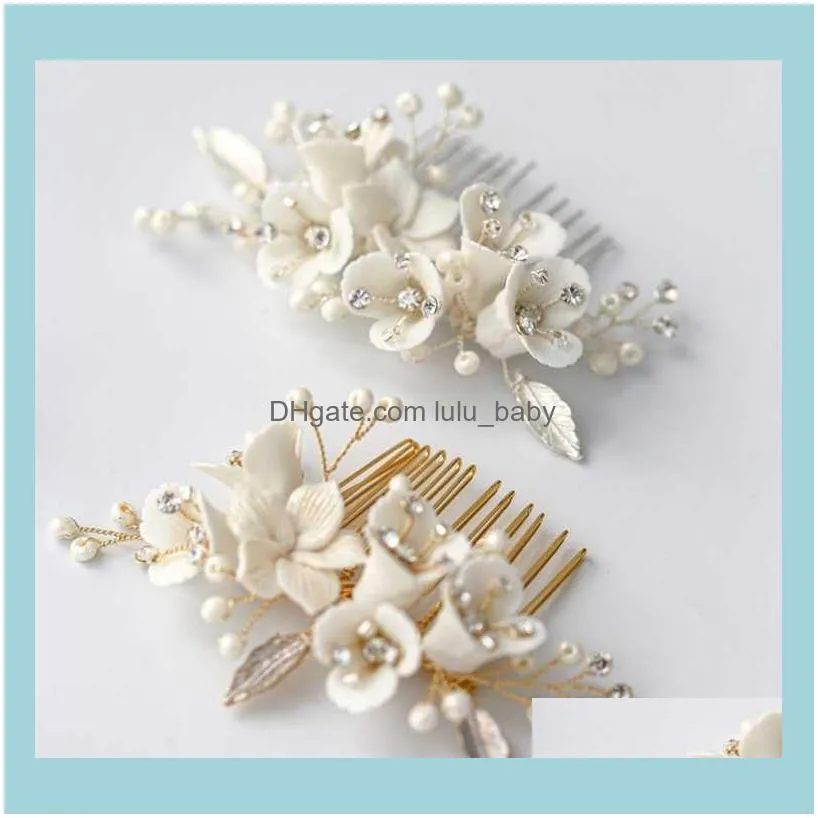 Gold Silver Color Porcelain Flower Bridal Small Comb Pearls Jewelry Handmade Women Wedding Prom Hair Piece Accessories