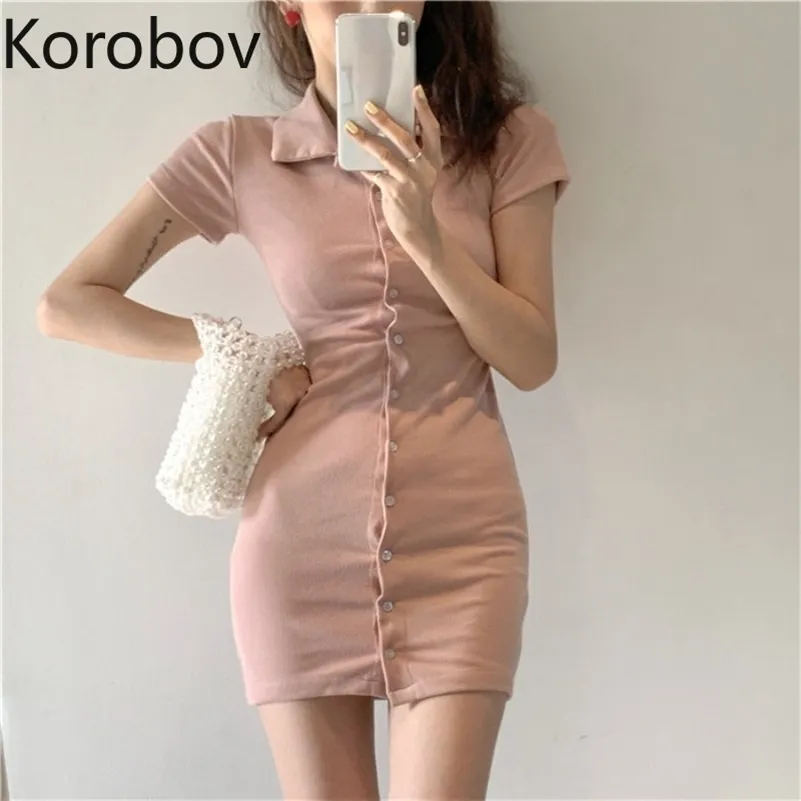 Korobov Korean Chic Turn-Down Collar T Shirt Dress New Spring Summer Slim Mini Dresses Sweet Single Breasted Robe Femme 210430