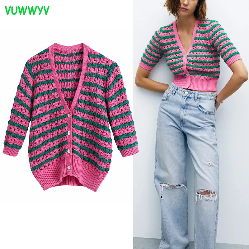 VUWWYV, cárdigan recortado a rayas rosa y verde, suéteres para mujer, Primavera Verano, botones delanteros de punto elegantes, chaqueta de manga corta 210430